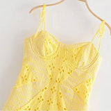 Yipinpay Yellow Floral Hollow Out Mini Dress Chic Women Tie-up Strap Backless Short Dress Y2K Fairy Vintage Patchwork Plaid Bodycon