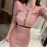 Yipinpay Slim Stretch Round Short Sleeve Knitted Dress Elegant Vintage Summer Chic Contrast Pencil Hip Ropa Vestidos Mujer