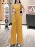 Yipinpay Women Wide Leg Pants Jumpsuit Sleeveless Sashes Casual High Waist Overalls Office Ladies Elegant Playsuits Plain 2023