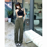 Yipinpay Women's Spring Summer Cargo Pants Elastic Waist Multiple Pockets Solid Vintage Fashion Tooling Style Straight Wide Leg Trouser