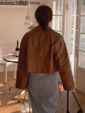 Yipinpay Fashion Elegant Leather Jacket Women Winter Streetwear Cropped Faux Fur Coat High Street Vintage Moto Biker Zipper Jacket