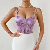 Yipinpay Women's Vintage Summer Mini Skinny Camisole Purple Sleeveless Backless 3D Butterfly Decor Corset Shaperwear Crop Tops