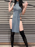 Yipinpay High Waist Y2k Slim Women Dress Dark Goth Cosplay High Split Side Sexy Sleeveless Dresses Harajuku Summer Night Clubwear