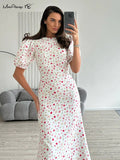 Yipinpay Elegant Women Printing Mermaid Dress Round Neck Ruched Long Polka Dots Dress Summer Office Ladies Puff Sleeve Dress