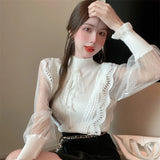 Yipinpay Long Sleeve Stand Black Chiffon Shirts Short Slim Vintage Blusas Mujer Patchwork Blouse White Mesh Dot Polka Knitted Top