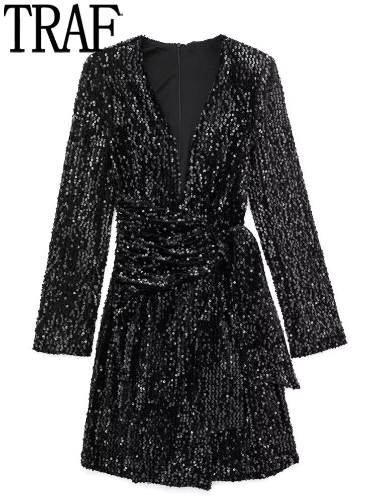 Yipinpay Black Sequin Dress Woman Glitter Velvet Blazer Dress Women Long Sleeve Short Dresses Autumn Winter Elegant Party Dresses