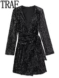 Yipinpay Black Sequin Dress Woman Glitter Velvet Blazer Dress Women Long Sleeve Short Dresses Autumn Winter Elegant Party Dresses