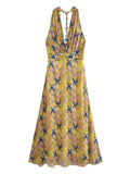 Yipinpay 2023 Print Halter Long Dress Women Summer Sexy Backless Dress Woman Knot Off Shoulder Midi Beach Holiday Party Dresses