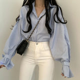 Yipinpay Lantern Sleeve Blue Stripe Shirt Camisas Blusas Mujer Loose Casual Black Top Women's Clothing Blouses Office Lady Shirts