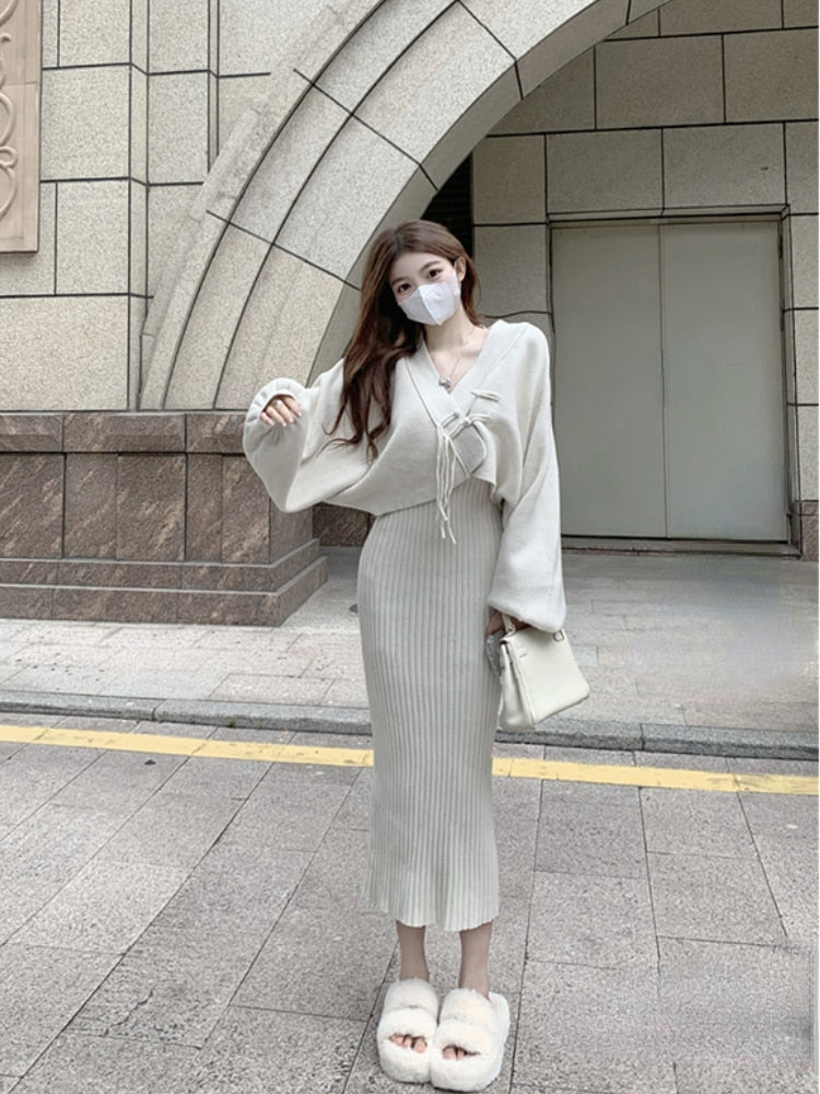 Yipinpay 2 Piece Dress Set Woman Slim Bodycon Strap Midi Dress Party Elegant + Casual Long Sleeve Short Tops Korean Suit Solid