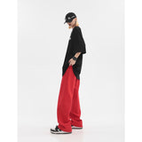 yipinpay Women's Clothing Red Jeans Vintage Casual Straight Self Cultivation Wide Leg Pants High Waist Baggy Denim Trouser Ladies Summer