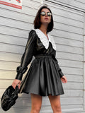 Yipinpay Patchwork Women Leather Dresses With Peter Pan Collar High Waist Spring 2023 Dress Elegant Ladies Black Dress Frill