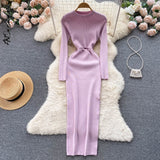 yipinpay Slit Maxi Dress O Neck Knitted Dress Y2k 2023 Autumn Winter Long Sleeve Sweater Dress Hollow Out Bodycon Dresses for Women