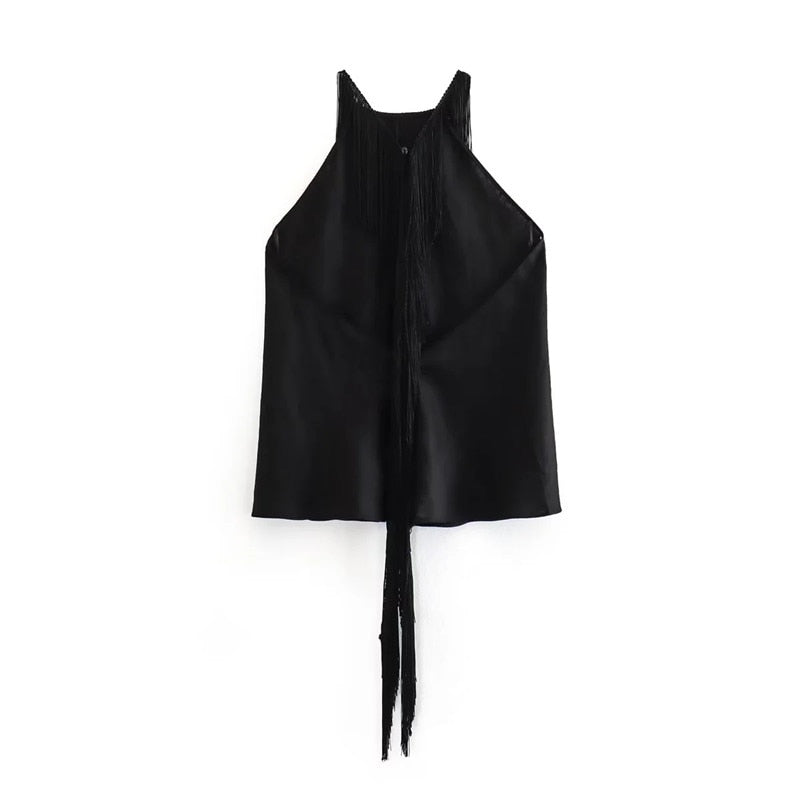Yipinpay 2023 Black Halter Top Female Off Shoulder Crop Tops For Women Tassel Sleeveless Backless Top Y2k Summer Sexy Tops Woman