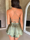 Yipinpay Women Vintage Retro Solid Color Satin Silk Cami Playsuits Cowl Neck Sleeveless Cross Tie-Up Backless Short Jumpsuits