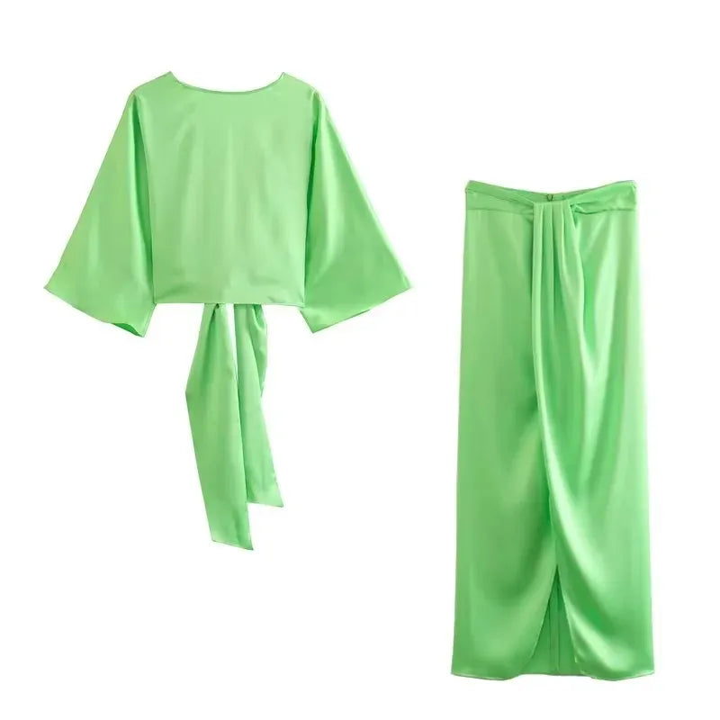 Yipinpay Green Satin Skirt Woman Knot Long Skirts For Women Fashion 2023 Summer High Waist Slit Midi Skirt Elegant Women's Skirts
