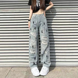 Yipinpay Streetwear Hip Hop Hole Baggy Jeans Denim Pants Woman Man Straight Wide Leg Pants Patchwork Boyfriend Y2k Punk Kpop