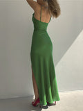 Yipinpay MO Satin Sleeveless Long Dresses Women Green High Split Backless Sling Party Dress Femme Sexy Casual Streetwear Vestidos