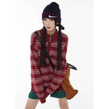 yipinpay Women Red Stripe Sweater Color Contrast Half Zipper Fashion Vintage Lazy Wind Loose Winter Female Thickening Knitting Pullover