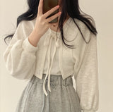 Yipinpay White Bandage Lantern Sleeve Cardigan Short Coat Pull Femme Wild Black Grey Knitwear Top Kimono Cardigan Casual Tshirt
