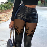 Yipinpay Women Mesh&Pu Leather Patch High Waist Zipper Pants Skinny Spring&Autumn Black Pencil Pants