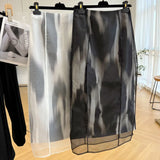 Yipinpay Jupe 2023 Long Skirts for Women Faldas Largas High Waisted Black White Organza Skirts Y2k A Line Ink Printed Summer