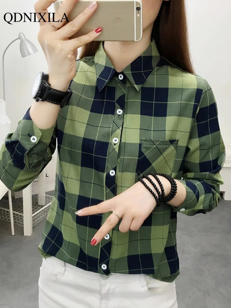 Yipinpay Spring Plaid Printed Wmen's Shirt Korean Fashion Inside Top Cardigan Oversized Long-sleeved Blouses Woman Shirts Button Up