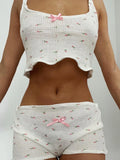 Yipinpay Women's Y2K Vintage 2 Piece Lounge Set White Sweet Pea Print Sleeveless Cami Tops + Low Waist Shorts Sleepwear Sets