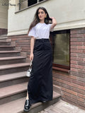 Yipinpay Black Loose Long Skirts Women A-Line Zip Skirts Ladies Elegant Summer Skirts Female With Pocket Ankle-Length Skirts