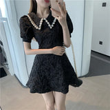 Yipinpay Vintage Elegant High Waist Slim Temperament Black Pearl Lapel Puff Sleeve Dress Women Short Jacquard Floral Print Sexy