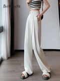 Yipinpay 2023 New Stylish Women Baggy Pants Sashes Casual Loose Elegant Office Ladies Wide Leg Pants Korean Chic White Trousers