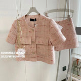 Yipinpay Sets 2 Piece Sets Womens Outifits O Neck Pink Tweed Jacket Femme Crop Cardigan Tops Korean Coat Short Pant Suit