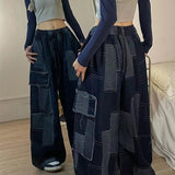 Yipinpay 2023 Woman Japanese Chic Wide Leg Pants Vintage Patchwork Plaid Pocket Trousers Streetwear Y2k Clothes Pantalon
