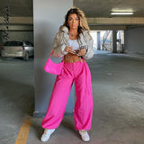 yipinpay Pink Pants Cargo Pants Women Wide Leg Trousers Drawstring Hollow Out High Waist Sweatpants Solid Summer Y2k Vintage Clothing