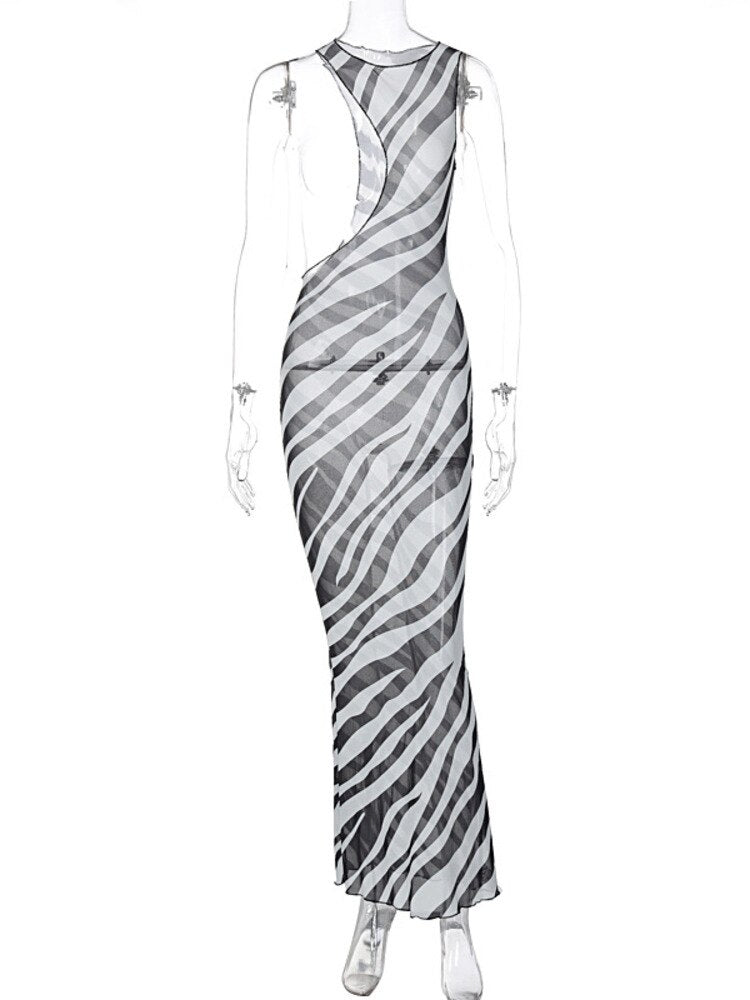 Yipinpay MO Women Summer Zebra Print Hollow Out Maxi Dress Sexy Mesh See Through Round Neck Sleeveless Outfits Beach Holiday Robe