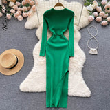 yipinpay Slit Maxi Dress O Neck Knitted Dress Y2k 2023 Autumn Winter Long Sleeve Sweater Dress Hollow Out Bodycon Dresses for Women