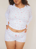 Yipinpay Women's Y2K Kawaii 2Piece Lounge Set Long Sleeve Crewneck Tops Solid Color/Floral Low Waist Shorts Sleepwear Suits