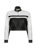 Yipinpay Women Gothic PU Leather Jacket Contrast Color Stand Collar Long Sleeve Zip-up Crop Top Bomber Coat Cool Racing Outwear
