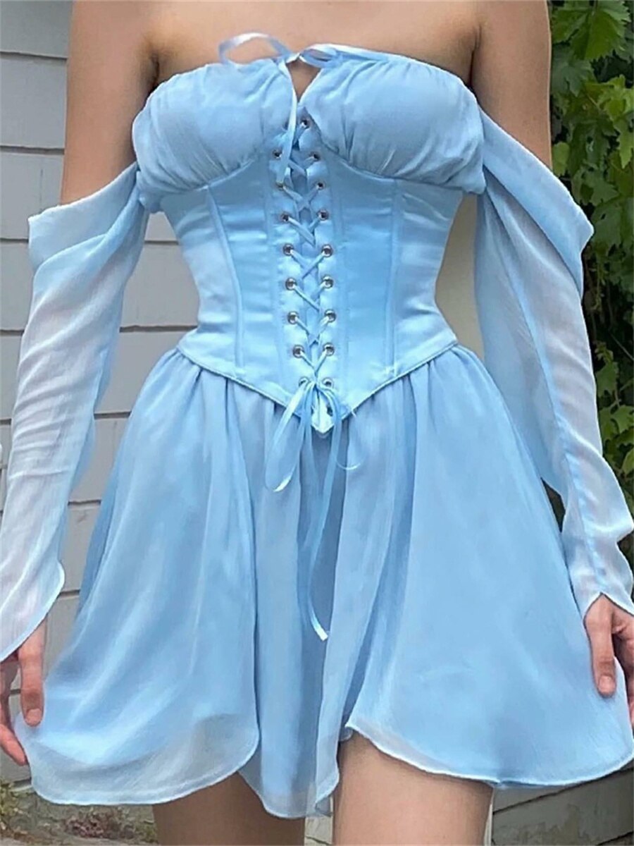 Yipinpay Vintage Off-Shoulder Long Sleeves A-Line Short Dress Women Fairy Elegant Square Neck Bandage Corset Mini Dress for Party