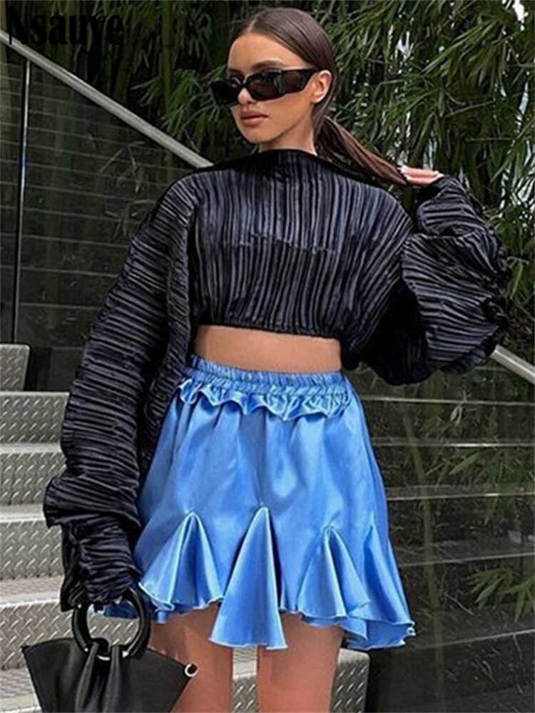 yipinpay Fashion Women Y2K Autumn Long Sleeve Pleated T Shirt Vintage 90s Casual Loose Aesthetic Crop Tops Female 2023 Party Club