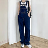Yipinpay Retro Dark Blue Overalls Jeans for Women's Korean Fashion Denim Romper Jumpsuit Summer Loose Size High Street Baggy Trousers