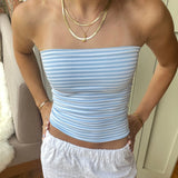 Yipinpay Women's Y2K Tube Crop Tops Tight Fitted Sleeveless Strapless Off Shoulder Striped Backless Bandeau for Party Club