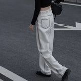 Yipinpay Waist Baggy Jeans for Women 2023 Fashion Straight Wide Leg Pants Black Side White Denim Trousers Y2k Streetwear Female