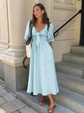 Yipinpay Light Blue Tunic Dress Puff Sleeve Women Twist Vacation Cotton Linen Dress Ladies Boho Casual Chic Dress Summer 2023