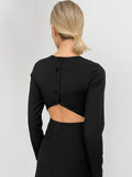 Yipinpay Mini Solid Black Dress Women Long Sleeve Backless Sexy Dress Spring 2023 Chic Slit Female Short Dress Button O-Neck