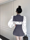 Yipinpay Two Piece Sets Women Puff Sleeve Patchwork Loose Grey Suit Short Jacket Cardigan High Waist Pleated Skirts Sets Coat Spring