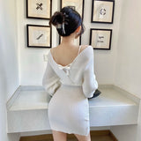 Yipinpay Sexy Wrap Hip Long Sleeve Grey Strapless Knitted Dress Mini Fake Two Pieces White Slim Wild Fashion Vestido Feminino