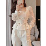 Yipinpay Tailored Trousers Wide Leg Pant Suits Autumn Square Collar Double-breasted Blazers Women Belt Waist Thin Coat 2 Sets