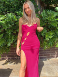 Yipinpay Sexy Sling Hollow Backless Women Dress Fashion Solid Color Slim Slit Ladies Dress Party Party Femme Long Dresses Workwear