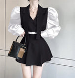 Yipinpay Two Piece Sets Women Puff Sleeve Patchwork Loose Grey Suit Short Jacket Cardigan High Waist Pleated Skirts Sets Coat Spring